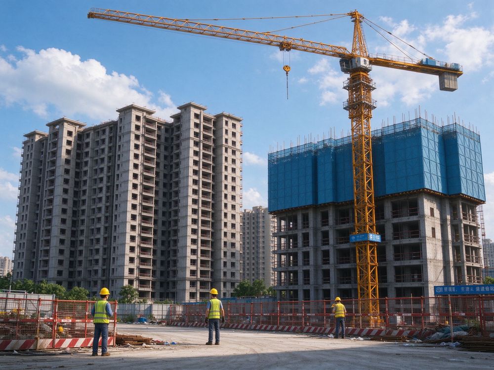 建筑工地塔吊与建材堆放场地