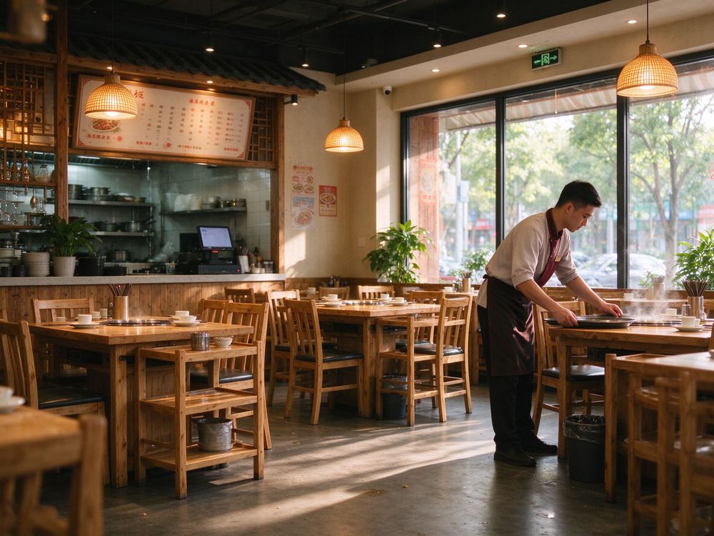 中式餐饮门店大堂暖色灯光原木桌椅